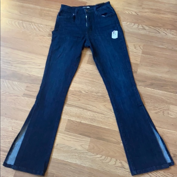 Fashion Nova Dark Denim Split Leg Bell Bottom Jeans White Flare - Picture 6 of 8